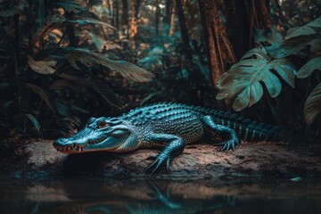 Majestic Crocodile Resting on Riverbank Surrounded by Lush Greenery in Dense Tropical Forest with Vibrant Colors and Natural Habitat