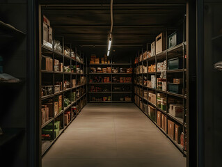 Dimly Lit Storage Room with Organized Shelves Filled with Various Supplies and Boxes.