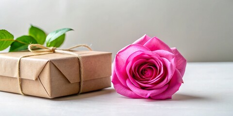 Pink Rose on Recycled Gift Box - Eco-Friendly Gift Packaging Stock Photo