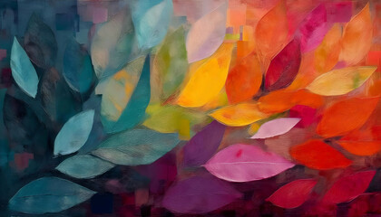digitally painterly style of A colorful mosaic of textured blocks with leaf patterns in rich hues transitioning from teal and green to warm oranges and reds. best for vibrant wallpapers, or eco-themed