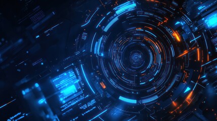 Technology-themed background with blue light trails.