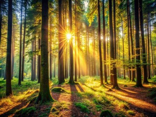 Fototapeta premium Vintage Sunlit Forest Photography: Mystical Woods, Sunlight Through Trees, Nature Scenery