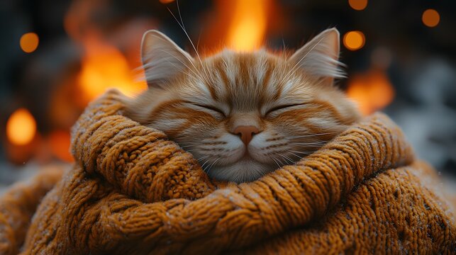 Animation of a cat lounging by a fire, dressed in a soft winter sweater