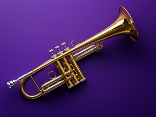 Obraz premium A shiny brass trumpet with intricate details, placed diagonally on a deep royal purple background.