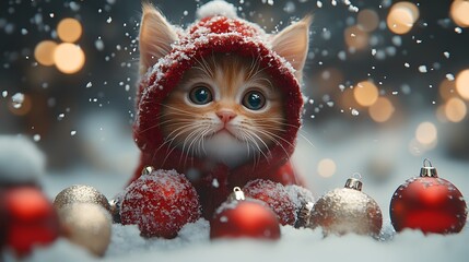 Obraz premium Animation of a kitten dressed in a holiday-themed coat playing with ornaments in the snow