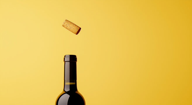 Minimalist stock photo of the open top of an unbranded wine bottle with no labels or graphics, and a single wine cork flying out from inside on a light yellow background.