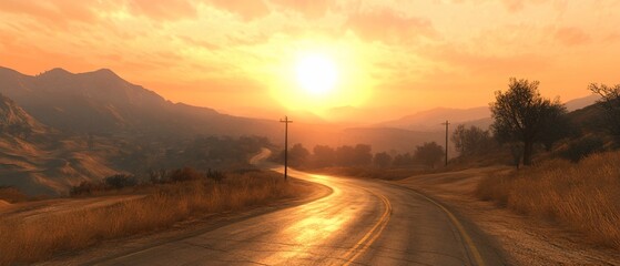 Naklejka premium Sunset road trip, mountain landscape. Travel, adventure