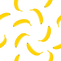 Yellow bananas are scattered randomly on a white background, forming a seamless pattern. 