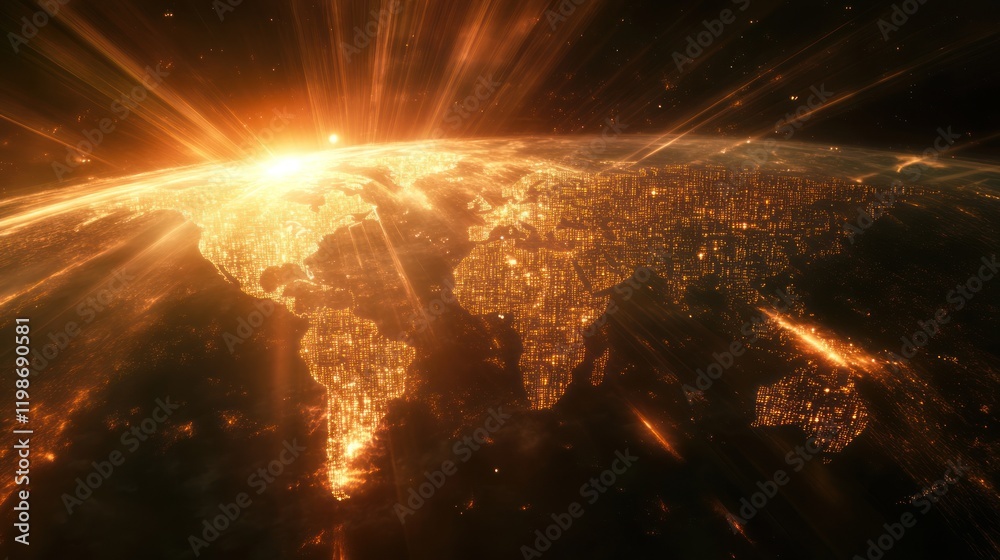 Poster world map featuring subtle binary code and light rays.