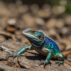 Naklejka premium A small lizard with iridescent scales basking in the sun.