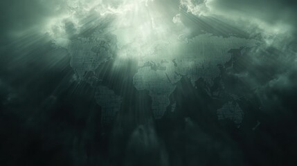 World map featuring subtle binary code and light rays.