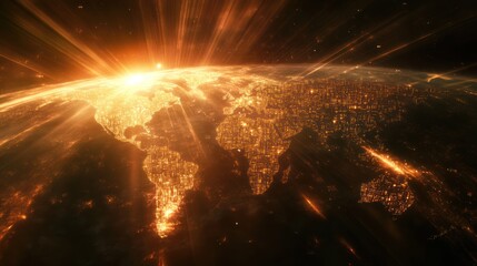 World map featuring subtle binary code and light rays.