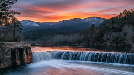 Fototapeta premium Serene Sunset Over a Tranquil River with Cascade Waterfall and Majestic Mountains in the Background Creating a Peaceful Natural Landscape Scene