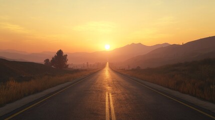 Fototapeta premium Sunset road trip, mountains, horizon