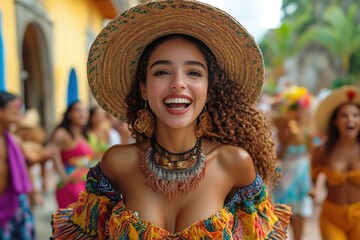 A joyful woman in colorful attire smiles at a festive gathering, embodying celebration and culture.