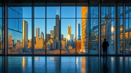 Man silhouetted against cityscape view from large window.