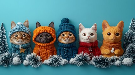 Fototapeta premium Papercut design of a group of pets posing in winter outfits surrounded by pine trees