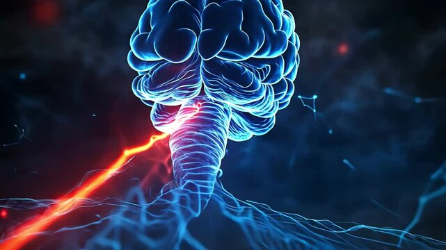 Futuristic representation of a brain connected to a glowing spinal cord. - Powered by Adobe