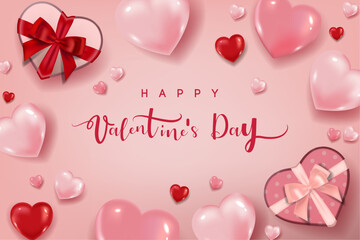 Happy Valentine's banner with heart balloon and gift box