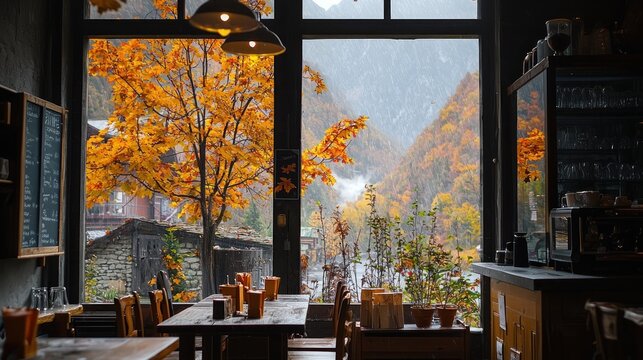 Cozy cafe interior with autumn mountain view.