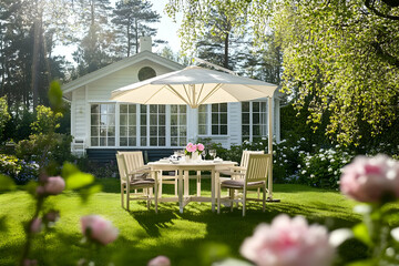 Outdoor Dining Set Enhances Garden Beauty with Elegant Table, Chairs, and Parasol.