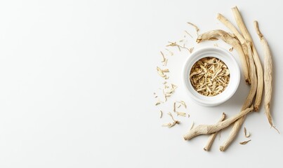 Dried ginseng roots bowl, white background, herbal medicine, health product