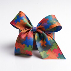 colorful puzzle pattern ribbon bow isolated on white background