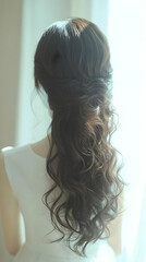 Woman with Long, Curly Brown Hair Styles Beautifully by Window Light, Fashion and Beauty.