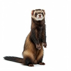 cute curious brown and white ferret standing on hind legs on white background looking up