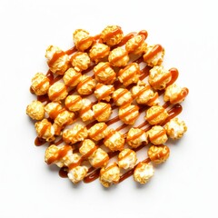 close up of caramel popcorn on white background