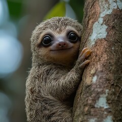 Baby Sloth on Tree Trunk