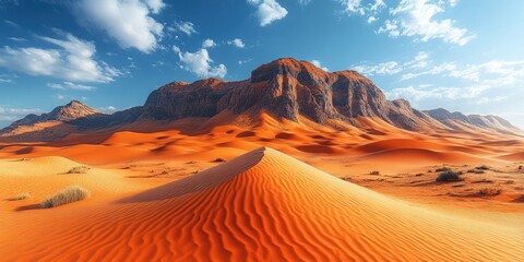 Naklejka premium Majestic Arabian Desert Landscape: Vivid Orange Sand Dunes and Rugged Mountains Under a Bright Sky