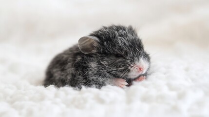 Tiny hamster sleeping soundly on soft white fabric. Pet, animal, cute, fluffy, adorable