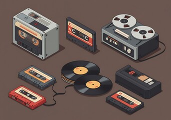 Fototapeta premium 3D Isometric Flat Vector Illustration of Retro Tapes, Music And Sound Storage Set 