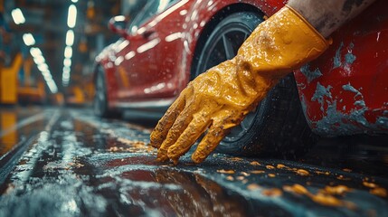 A worker in yellow gloves cleans a red car tire in a vibrant automotive workshop environment