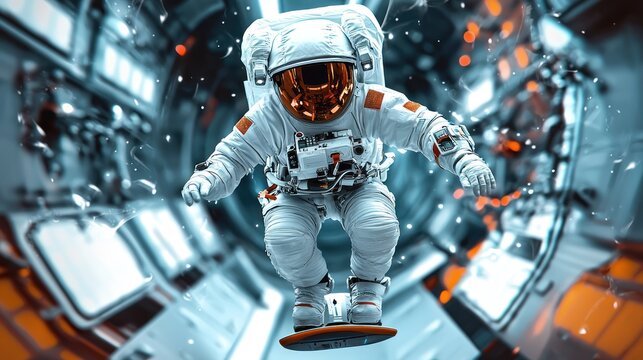 An astronaut floats in zero gravity inside a futuristic spacecraft, surrounded by advanced technology and glowing elements, showcasing space exploration.