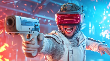 A futuristic gamer in virtual reality gear aims a futuristic blaster, surrounded by vibrant lights and an immersive gaming environment.