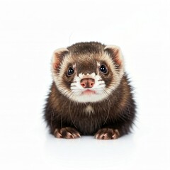 close up of cute brown and white ferret looking up on white background