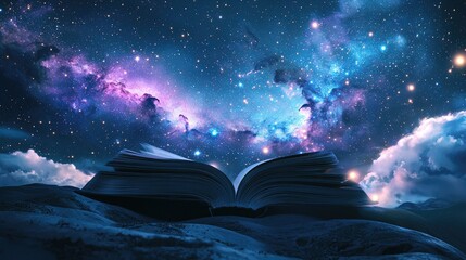A radiant open book on a peaceful hilltop, its pages seamlessly becoming steps that reach toward a vibrant galaxy-filled sky, surrounded by soft mist 