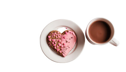 A heart-shaped cookie with pink icing dipped in hot chocolate, next to a handwritten love note, all surrounded by delicate rose petals and soft warm lighting, on a white transparent background PNG