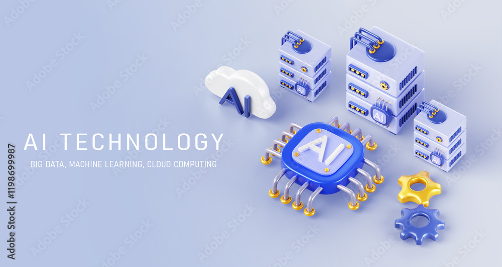 Fototapete AI technology isometric 3d banner. Artificial intelligence server with chip processor gpu and gears on blue background render. Big data, machine learning and cloud computing concept. 3D illustration