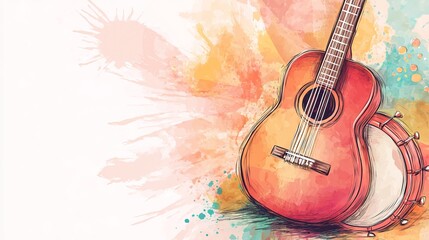 Artistic Representation of a Guitar Amidst Colorful Watercolor Splashes Creating a Vibrant Mood