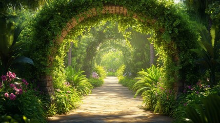 Tropical garden path, archway, sunlight, plants, paradise, travel, nature, serene
