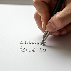 close up of hand writing the word language in arabic on white paper with silver pen