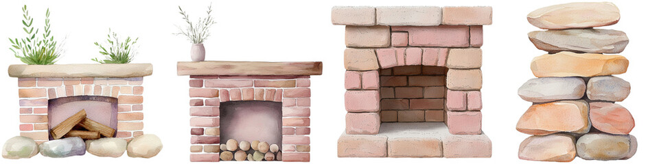 Obraz premium Fireplace heat and maintenance watercolor, A collection of uniquely designed stone fireplaces showcasing various styles and arrangements, each featuring distinct materials and decorative elements.
