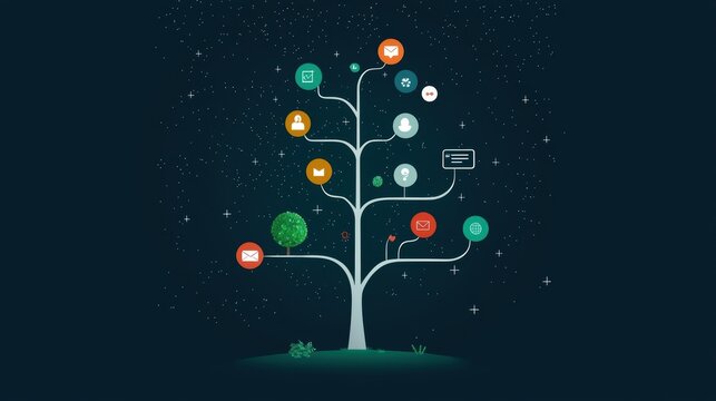 Conversation Flow Chart: A series of interconnected chat bubbles representing a structured conversation flow, user journey, or customer interaction process. - Powered by Adobe