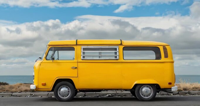 Retro vintage travelling bus van on the beach driving along the road by the sea. Camping, road trip, tourists transportation and summer holiday trip concept. tropical landscape