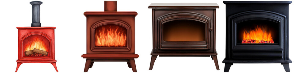 Fireplace heat and maintenance watercolor, A collection of four distinct wood stoves, each featuring unique designs and vibrant flames, showcasing various styles and colors.