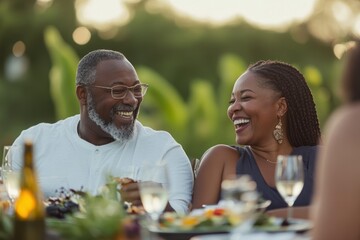 Happy couple laughing, outdoor dinner party, sunset