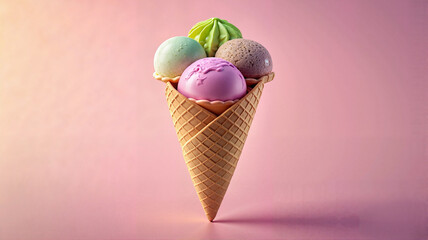 Triple scoop ice cream cone on pastel pink background